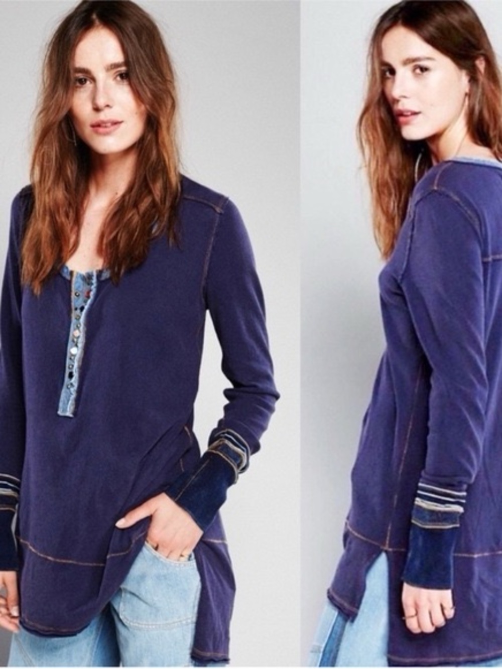 Free People We The Free Dallas Navy Studded Snap Henley Long Sleeve Top